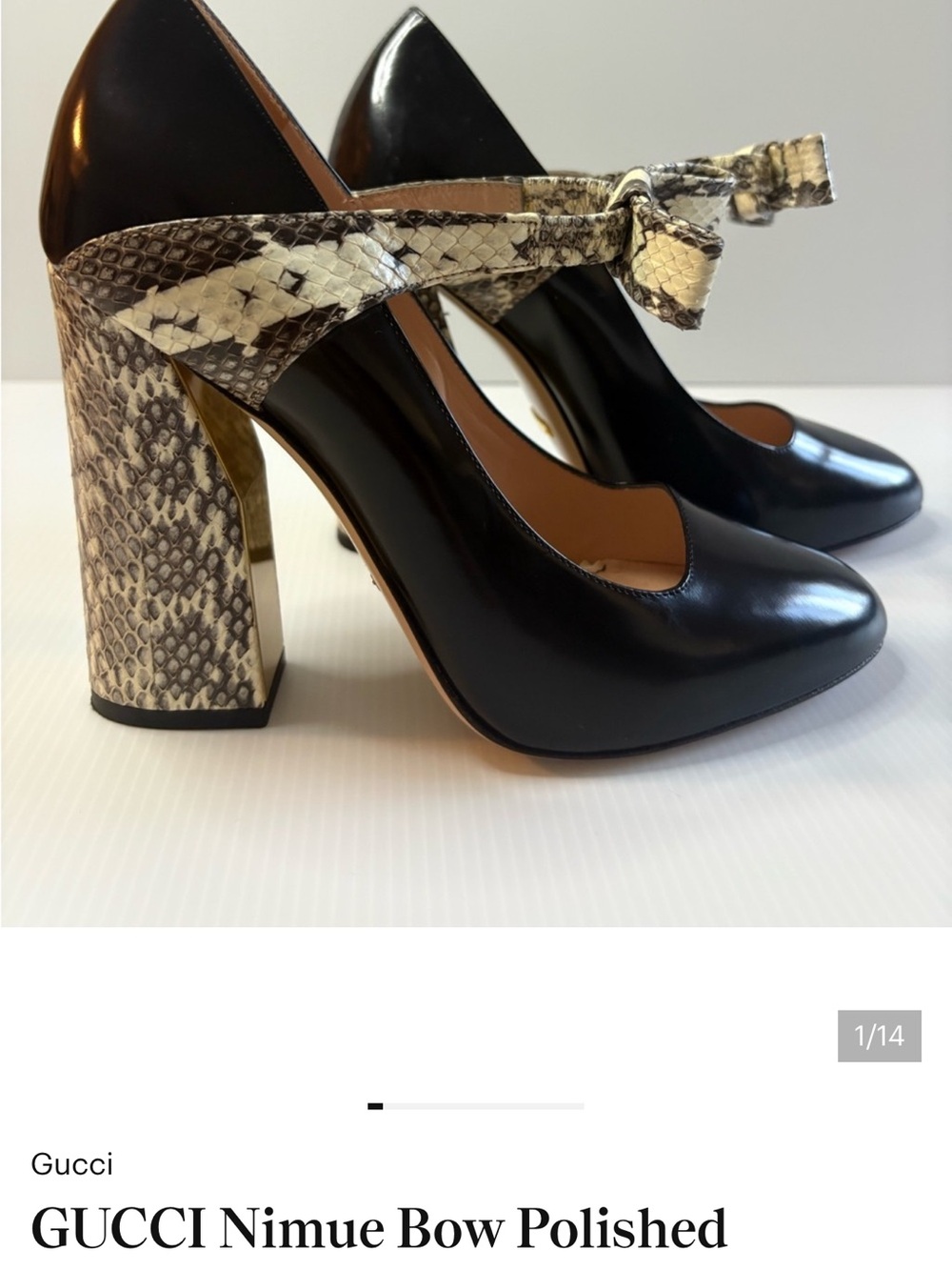 Gucci Polished Black Pumps with Snakeskin Bow Strap 39.5 chunky heel